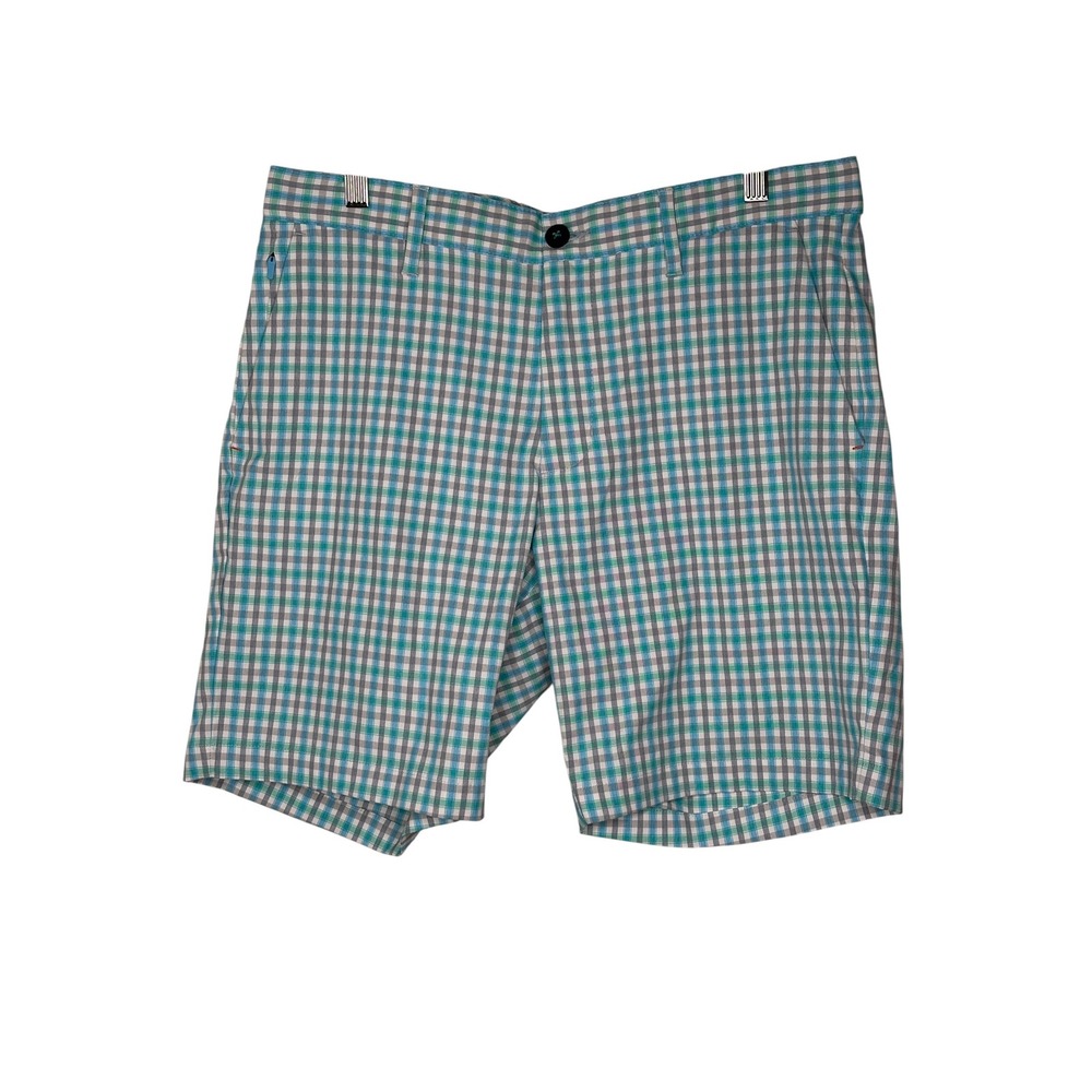 Tommy Bahama Shorts 33 Teal Grey Gingham Plaid Performance Stretch Flat Front